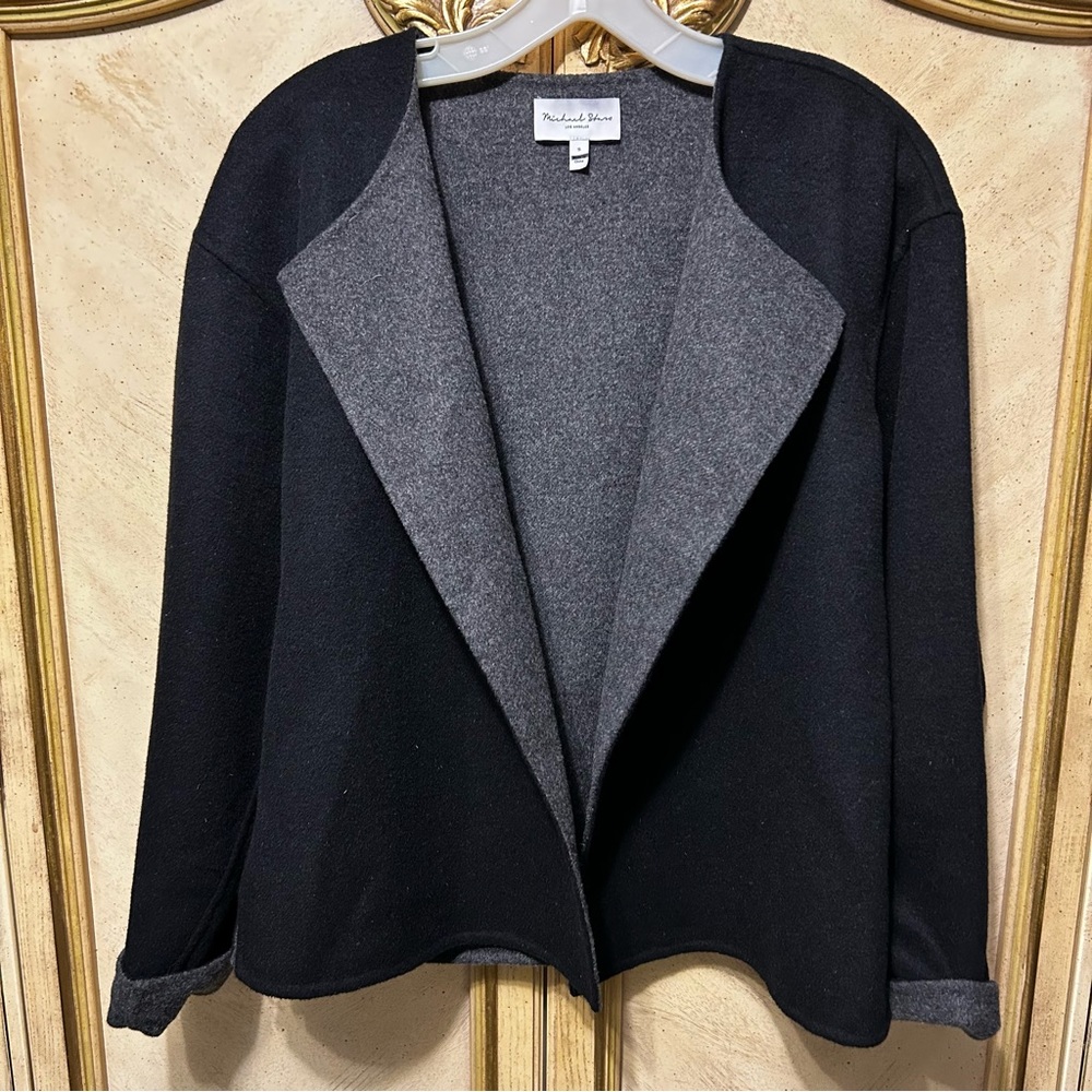 Michael Stars Black & Charcoal Gray Wool Mix Open Front Cardigan Coat Jacket
